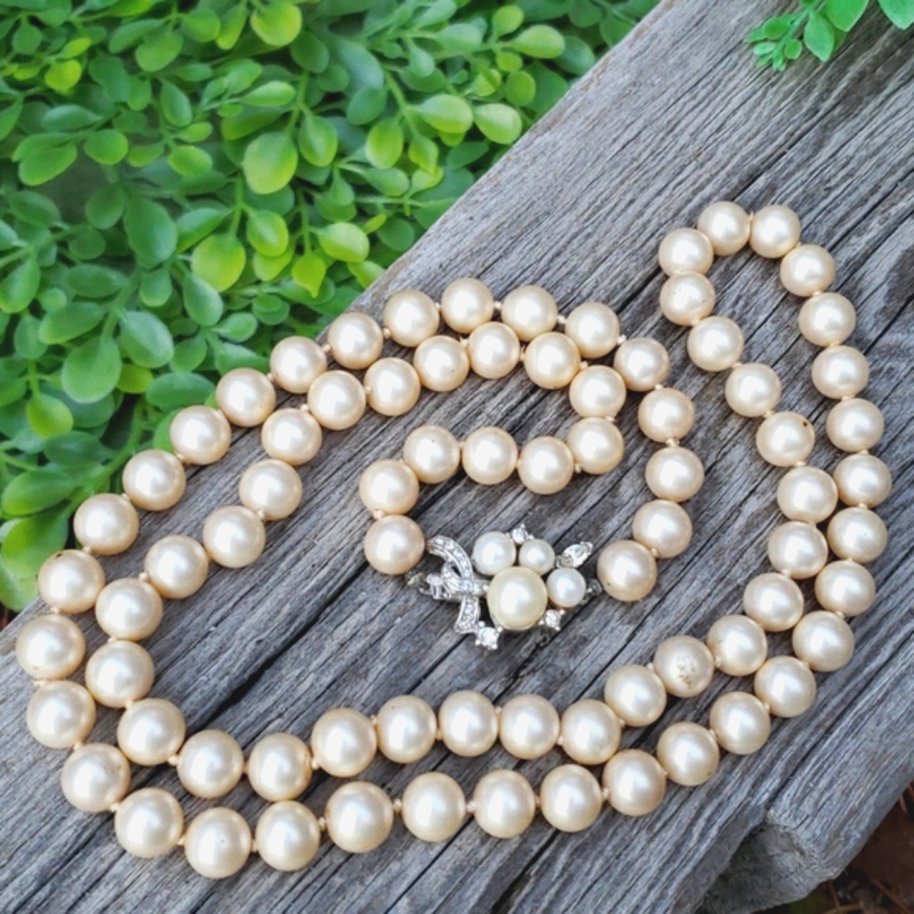 Gorgeous Vintage Marvella Pave Set Rhinestone Cream Pearl Long Sautoir Necklace - Picture 10 of 11